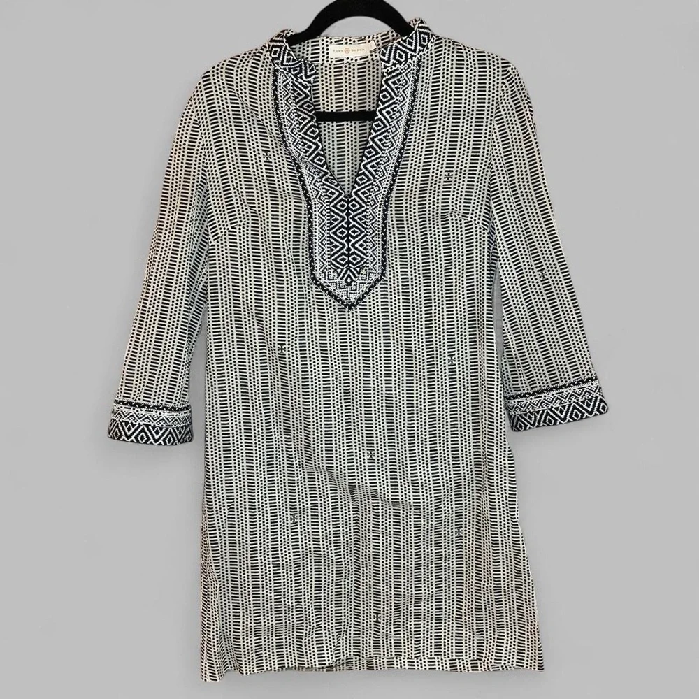 Tory Burch Black White Geometric Long Sleeve Lightweight Dress Size 4